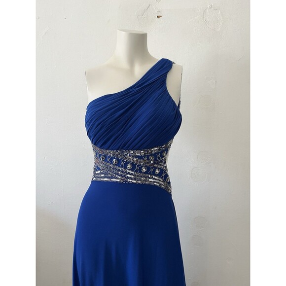 Betsy And Adam Beaded One Shoulder Floor Length Dress Gown 4 Blue Winter Holiday - Picture 6 of 13